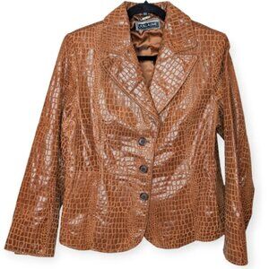 Vintage Brown  Leather Reptile Snake Alligator Print Button Front Jacket Large